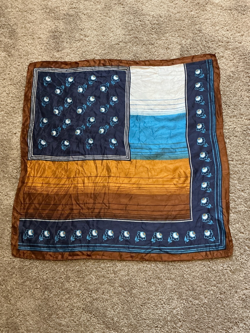 True Vintage 1970’s Brown & Blue Scarf-Made In Italy, Boho, Mod